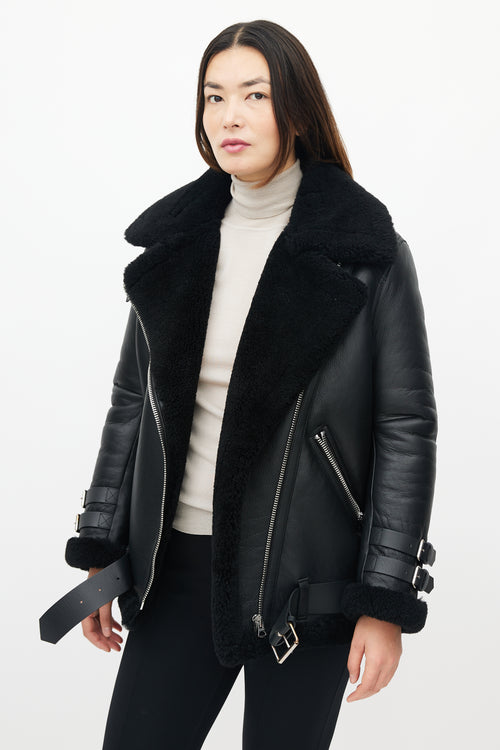 Acne Studios Black Leather Sherpa Collar Jacket