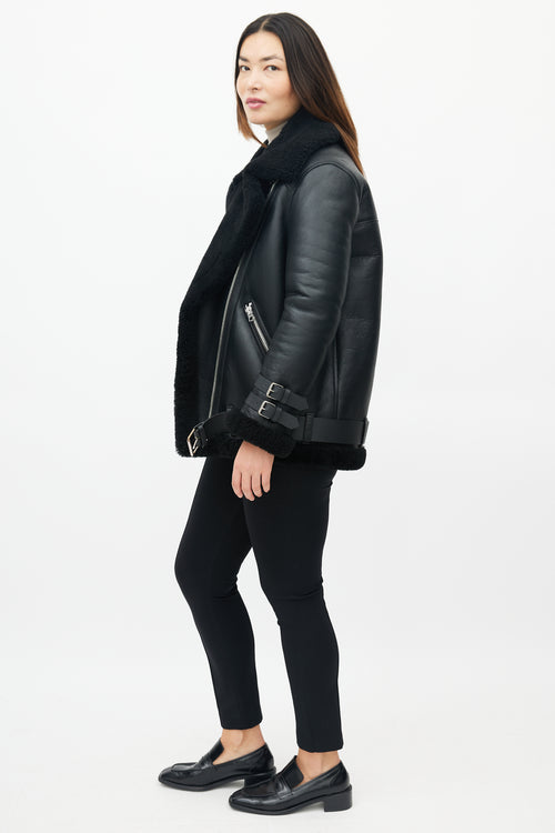 Acne Studios Black Leather Sherpa Collar Jacket