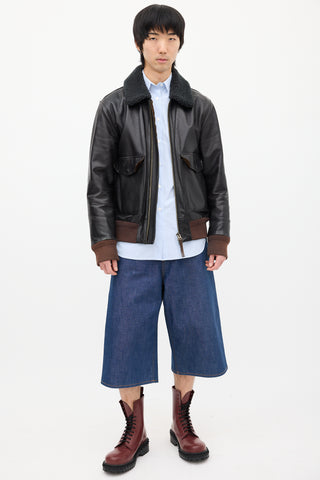 Acne Studios Black Leather & Sherpa Collar Jacket
