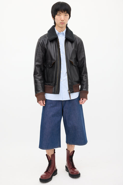 Acne Studios Black Leather & Sherpa Collar Jacket