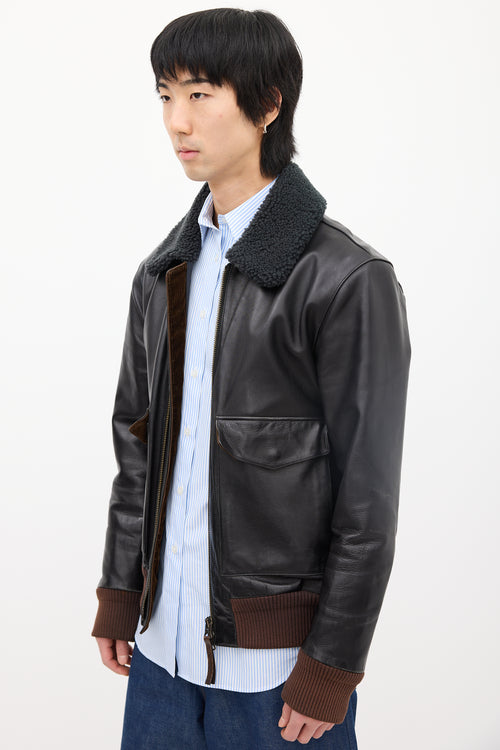 Acne Studios Black Leather & Sherpa Collar Jacket