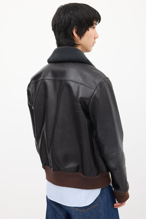 Acne Studios Black Leather & Sherpa Collar Jacket