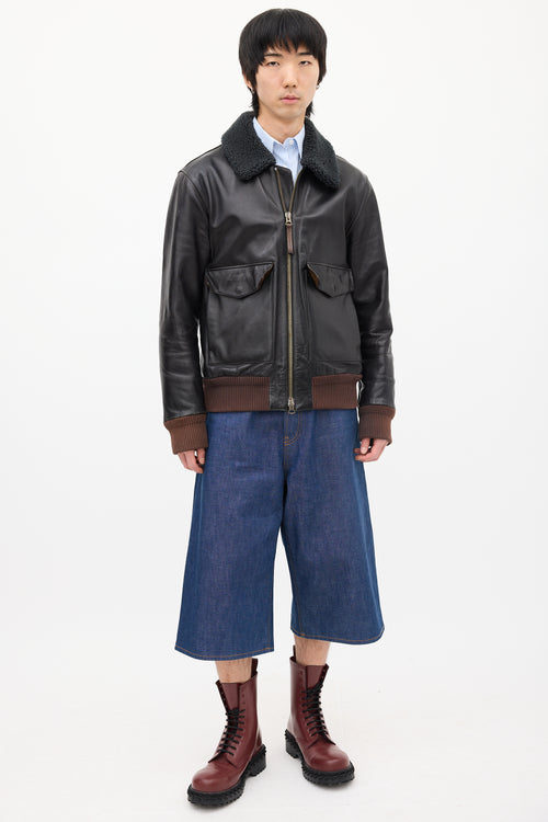 Acne Studios Black Leather & Sherpa Collar Jacket