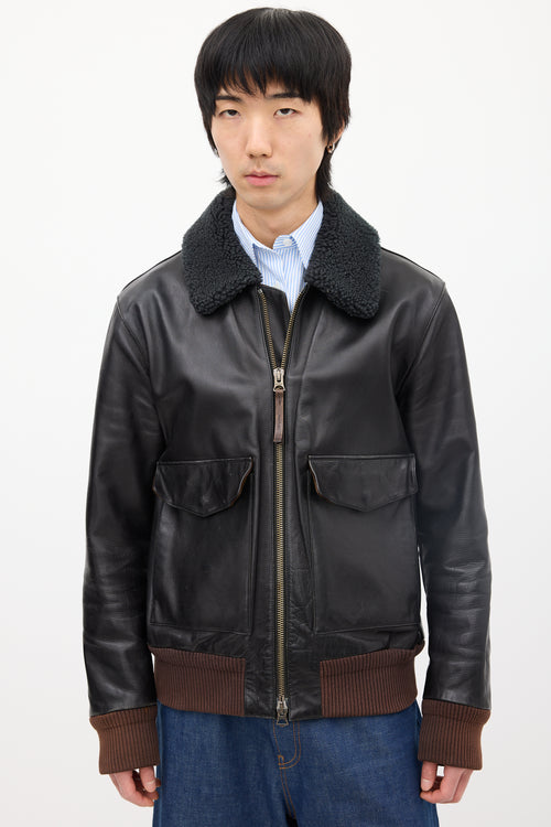 Acne Studios Black Leather & Sherpa Collar Jacket