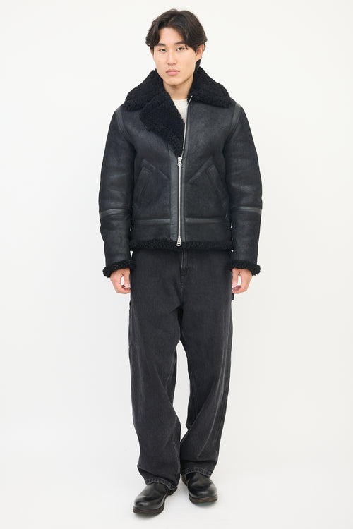 Acne Studios Black Suede Leather Shearling Zip Jacket