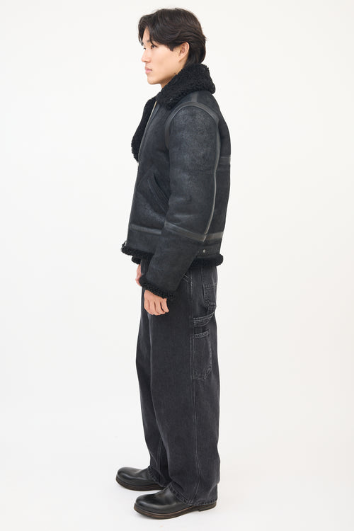 Acne Studios Black Suede Leather Shearling Zip Jacket