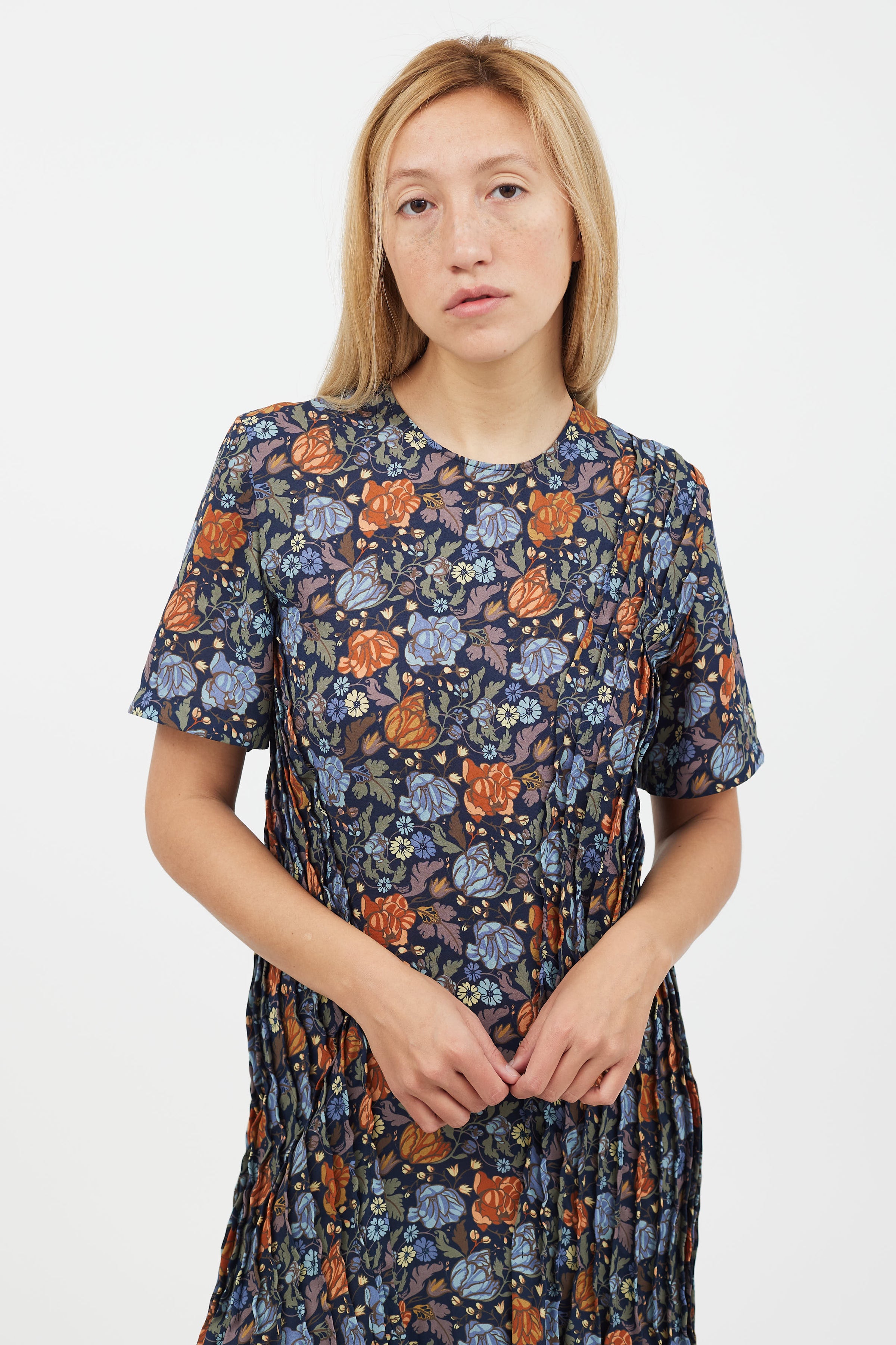 Acne Studios // Blue & Orange Floral Short Sleeve Dress VSP Consignment Acne Studios // Blue & Orange Floral Short Sleeve Dress VSP Consignment