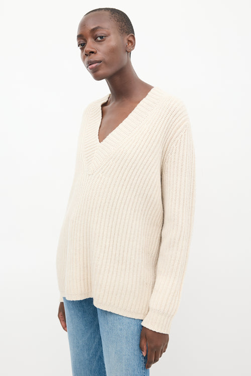 Acne Studios Cream Wool Knit V-Neck Sweater