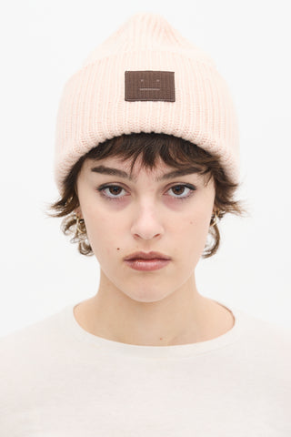 Acne Studios Light Pink Wool Ribbed Knit Face Logo Beanie