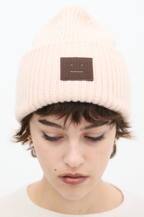 Acne Studios Light Pink Wool Ribbed Knit Face Logo Beanie