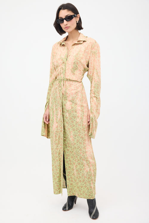 Acne Studios Pink & Green Floral Ruched Midi Dress