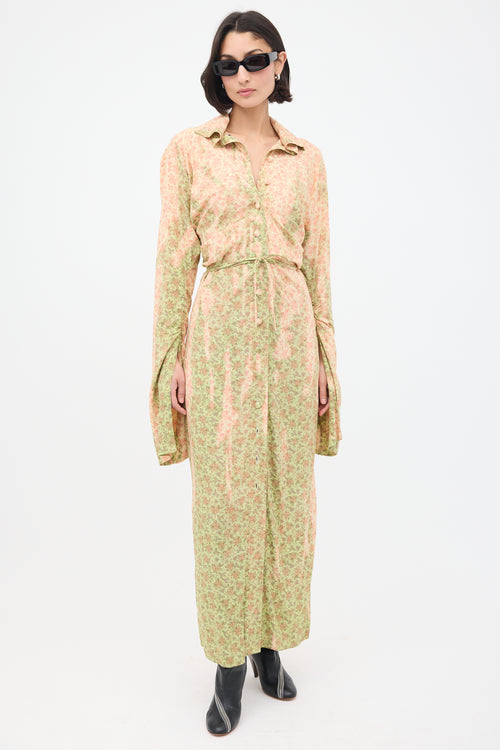 Acne Studios Pink & Green Floral Ruched Midi Dress