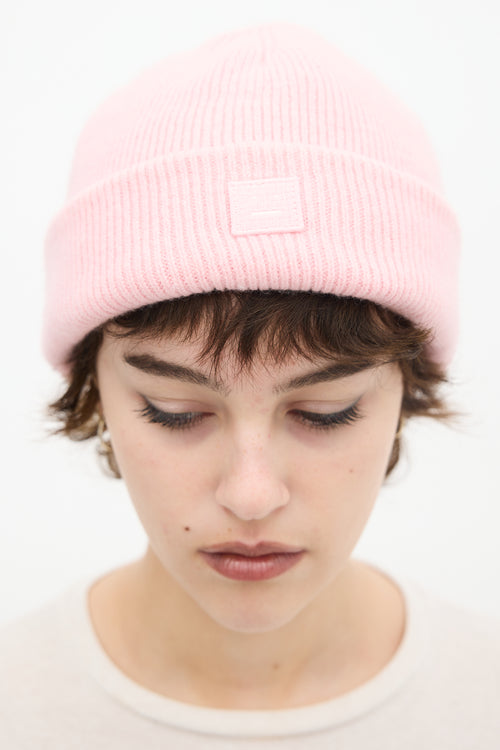 Acne Studios Pink Wool Ribbed Knit Face Logo Beanie