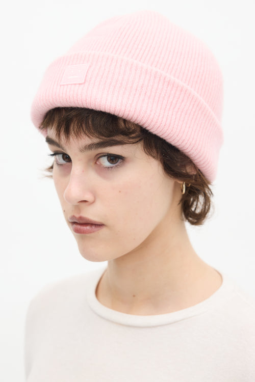 Acne Studios Pink Wool Ribbed Knit Face Logo Beanie