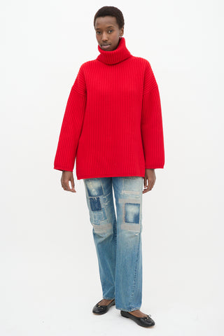 Red Wool Knit Ribbed Turtleneck