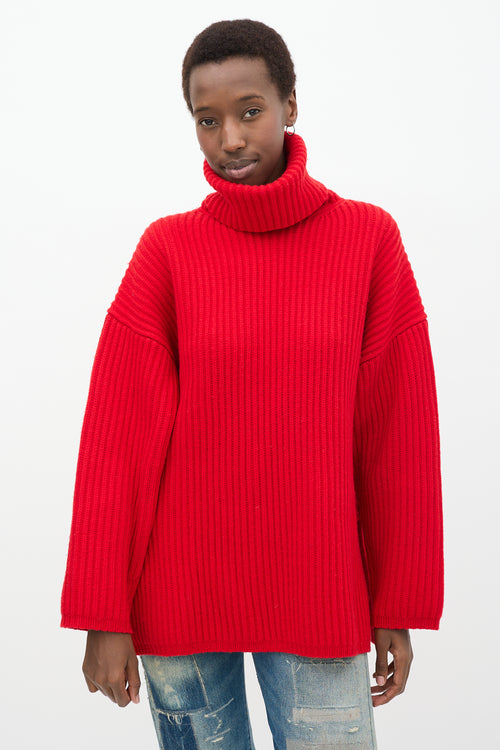 Red Wool Knit Ribbed Turtleneck