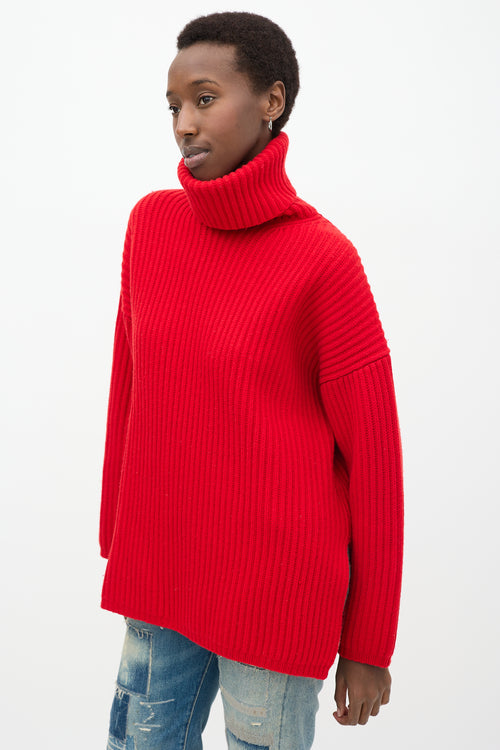 Red Wool Knit Ribbed Turtleneck