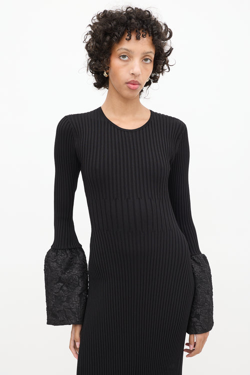 Aje Black Ribbed Knit Flute Brocade Cuff Dress