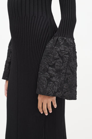 Aje Black Ribbed Knit Flute Brocade Cuff Dress