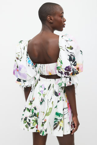 Aje White & Multi Floral Drift Puff Sleeve Dress