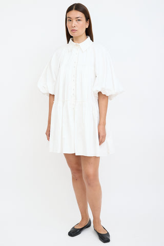 White Puff & Cutout Back Shirt Dress