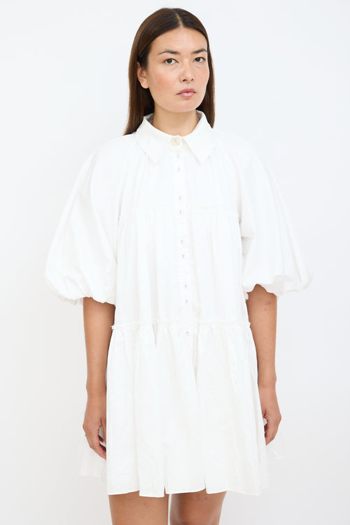 White Puff & Cutout Back Shirt Dress