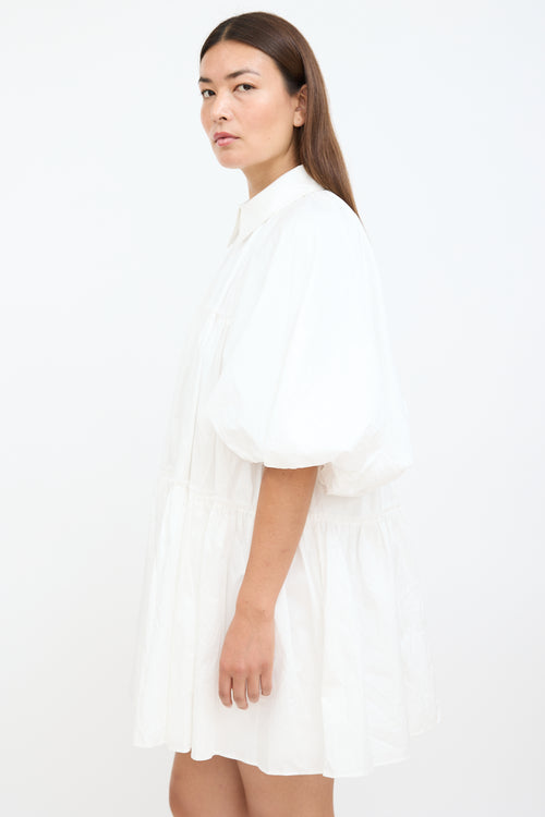 White Puff & Cutout Back Shirt Dress