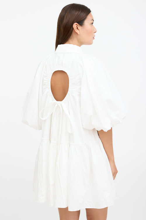 White Puff & Cutout Back Shirt Dress