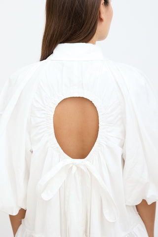 White Puff & Cutout Back Shirt Dress