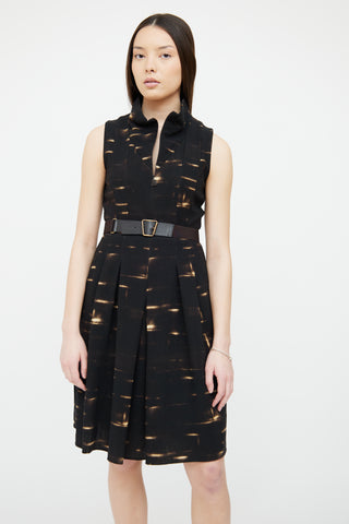 Akris Black & Brown Print Pleated Dress