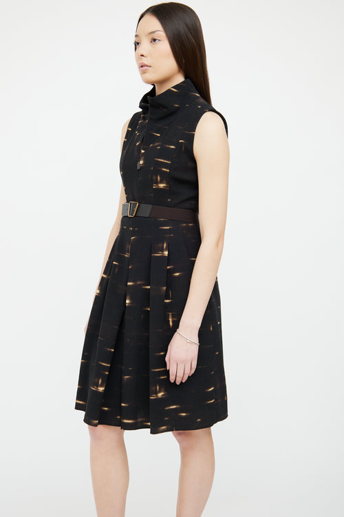 Akris Black & Brown Print Pleated Dress