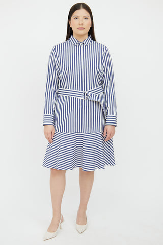 Akris Blue & White Striped Belted Cotton Shirt Dress