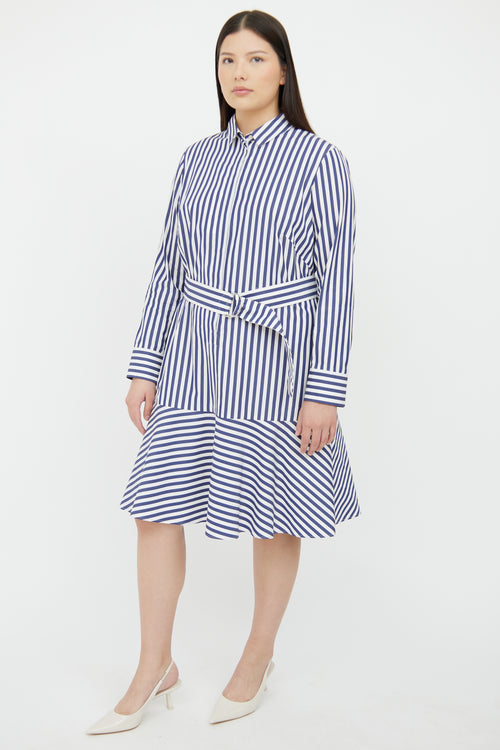 Akris Blue & White Striped Belted Cotton Shirt Dress