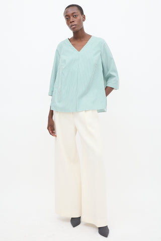 Akris Green & White Striped Three Quarter Sleeve Top