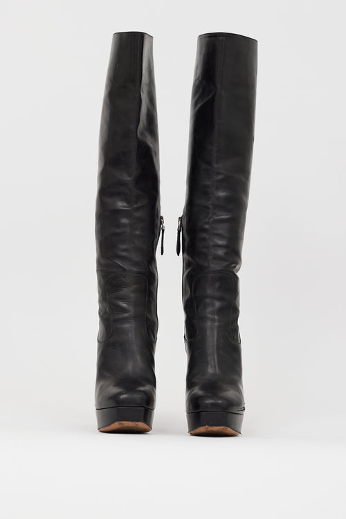 Alaïa Black Leather Knee High Platform Boot