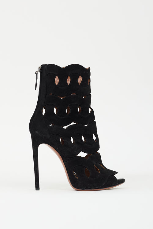 Alaïa Black Suede Geometric Cutout Peep Toe Boot