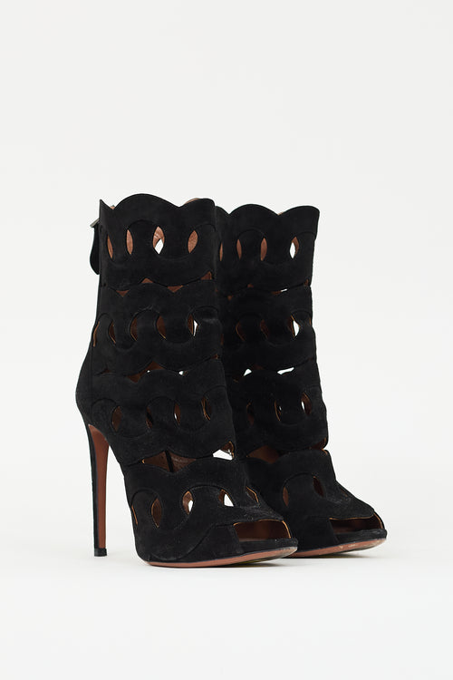 Alaïa Black Suede Geometric Cutout Peep Toe Boot