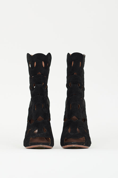 Alaïa Black Suede Geometric Cutout Peep Toe Boot