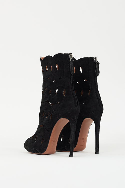 Alaïa Black Suede Geometric Cutout Peep Toe Boot