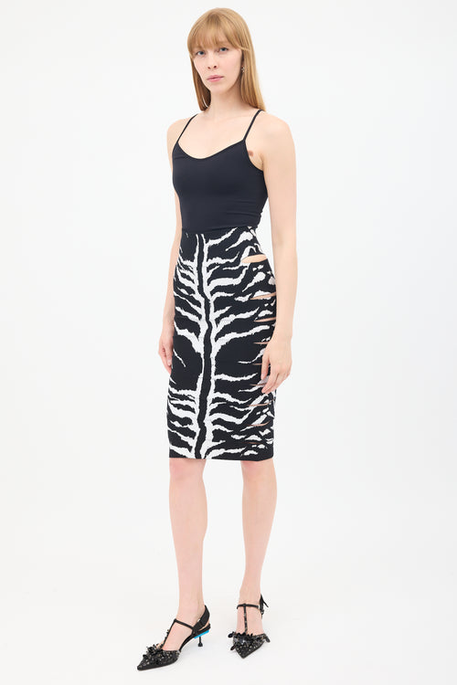 Alaïa Black & White Printed Jacquard Cutout Pencil Skirt