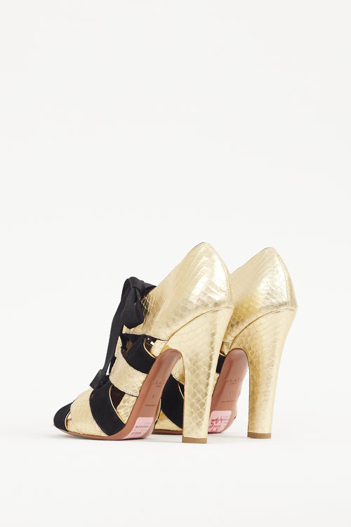 Alaïa Gold & Black Textured Leather Lace Up Heel