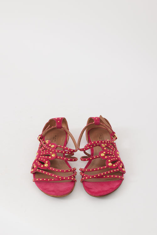 Alaïa Pink & Gold Suede Chamois Cloute Studded Sandal