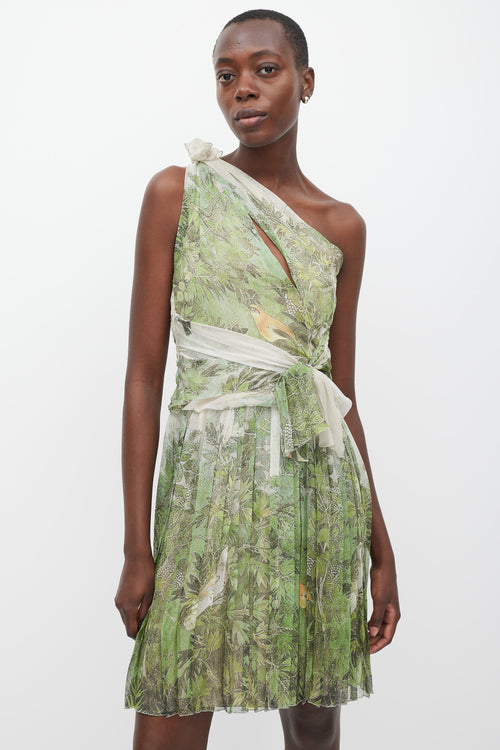 Alberta Ferretti Cream & Green Silk Floral Pleated Dress