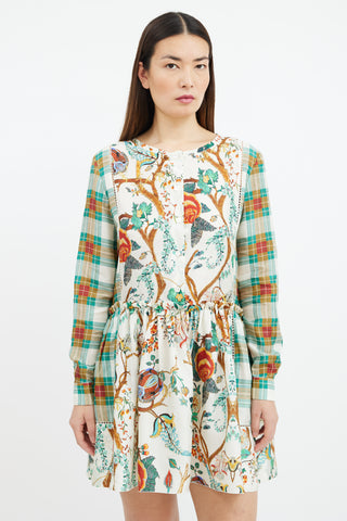 Alberta Ferretti Cream & Multicolour Floral & Plaid Dress