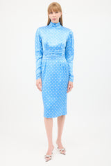 Alessandra Rich Blue & White Silk Polka Dot Ruched Midi Dress