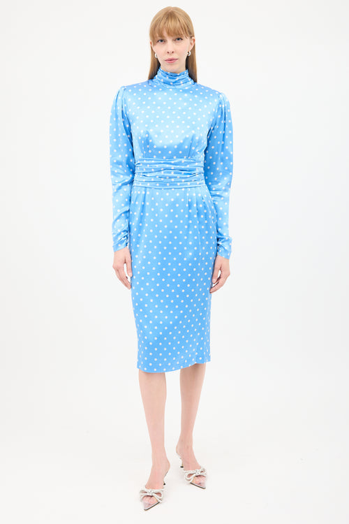 Alessandra Rich Blue & White Silk Polka Dot Ruched Midi Dress