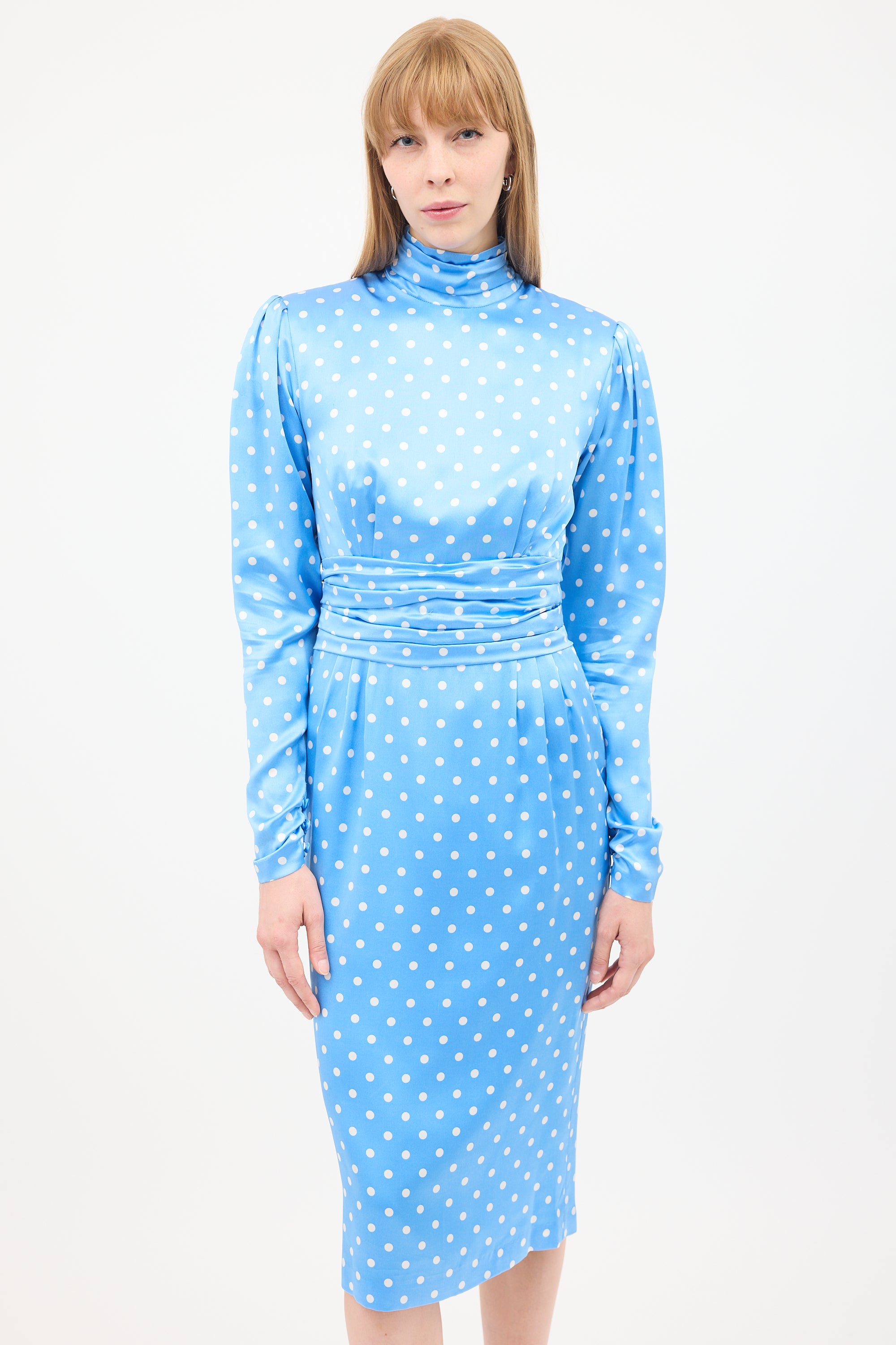 Alessandra Rich // Silk Polka Dot Ruched Midi Dress VSP Consignment Alessandra Rich // Silk Polka Dot Ruched Midi Dress VSP Consignment