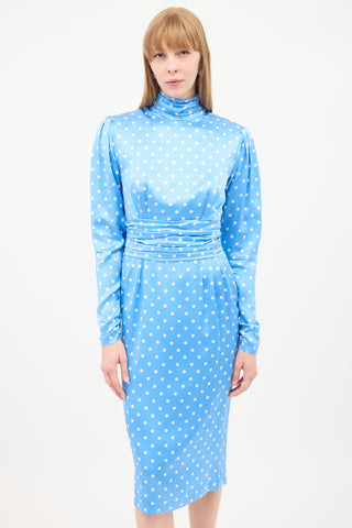 Alessandra Rich Blue & White Silk Polka Dot Ruched Midi Dress