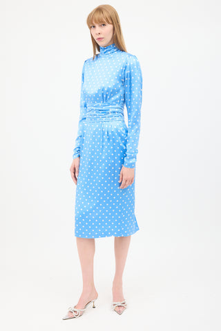 Alessandra Rich Blue & White Silk Polka Dot Ruched Midi Dress