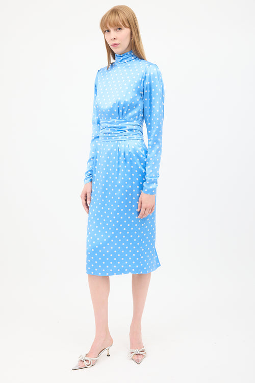 Alessandra Rich Blue & White Silk Polka Dot Ruched Midi Dress